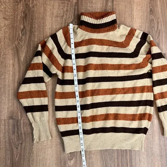 Vintage Thane 70s Brown Stripe Turtleneck Sweater 100% Lambswool Sz L - Picture 7 of 10